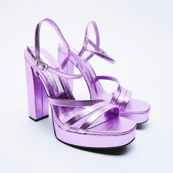 ZARA METALLIC PLATFORM HEELED SANDALS STRAPPY PURPLE - US 8 - Picture 1 of 14